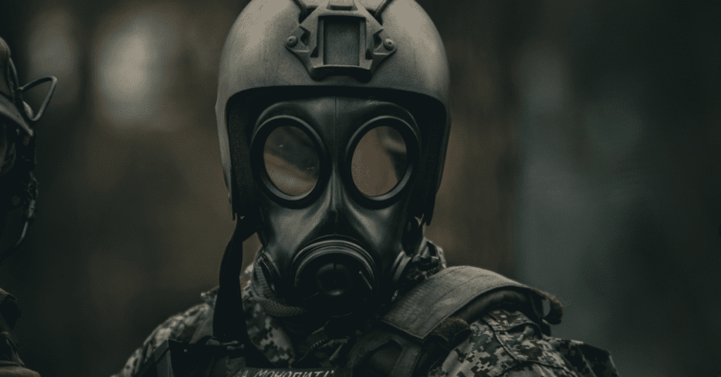 military personnel wearing a gas mask