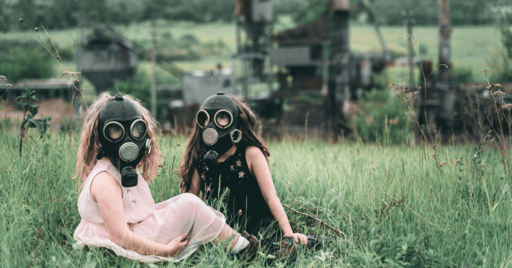 children wearing gas masks